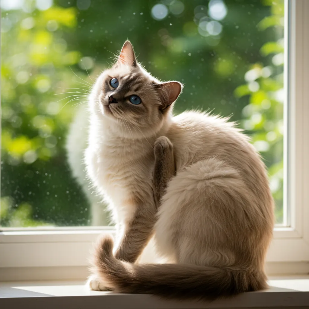 Ragdoll cat on a windowsill, subtly scratching its ear, hinting at possible allergies.