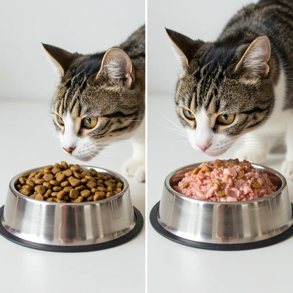 Dry kibble and wet food in automatic cat feeder bowls, with a cat inspecting them.