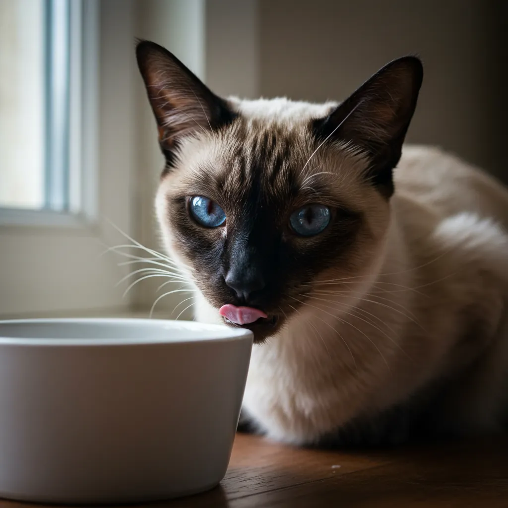 Siamese cat swallowing repeatedly in a calm home, illustrating cat dysphagia symptoms.