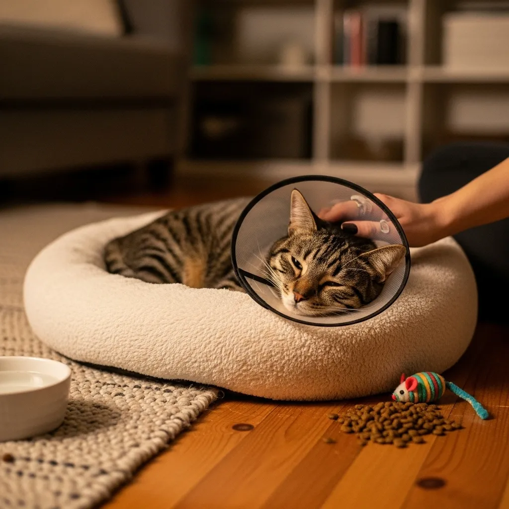 Cat recovering from pyometra surgery with e-collar.