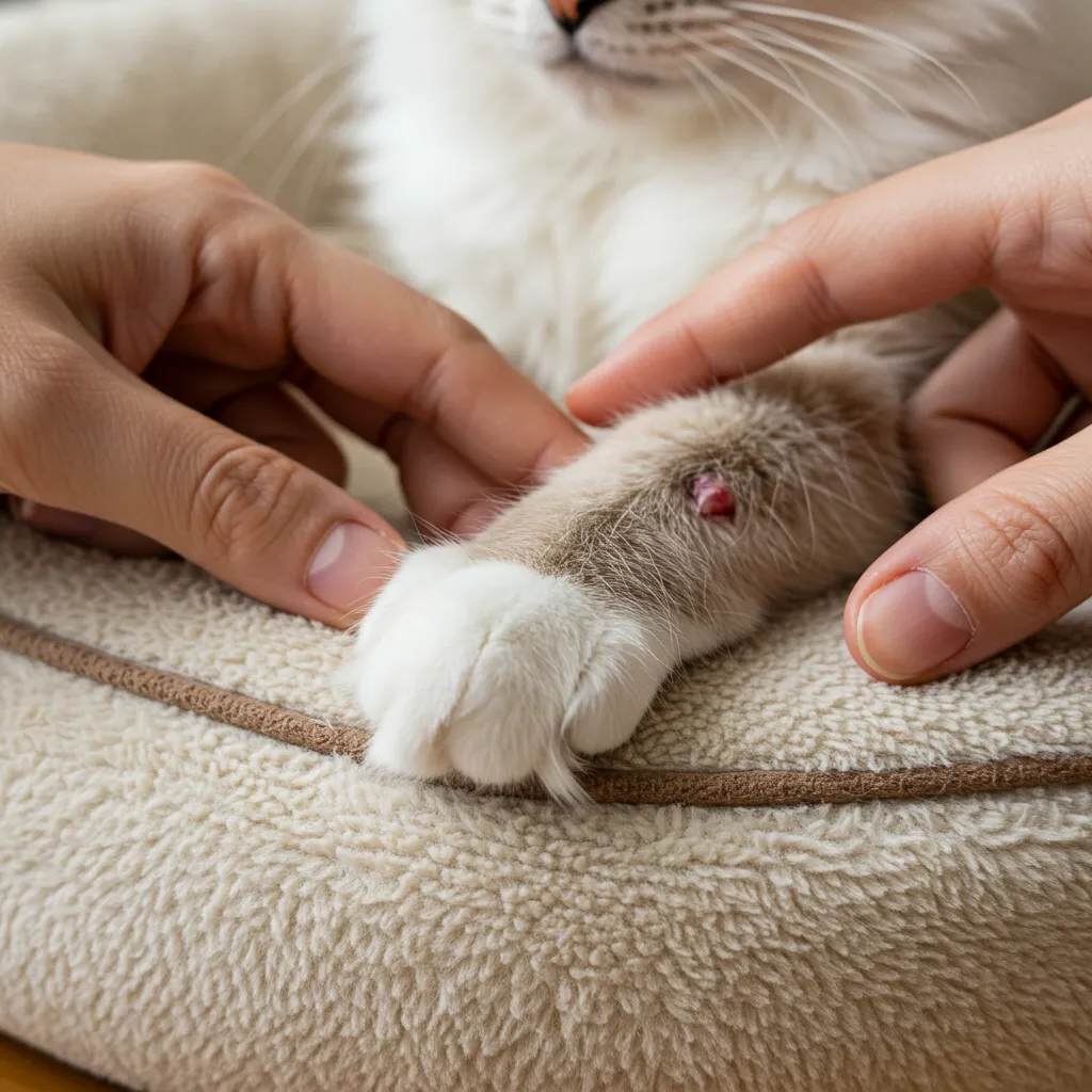 Ragdoll cat paw showing redness from allergy-related scratching on a pet bed.