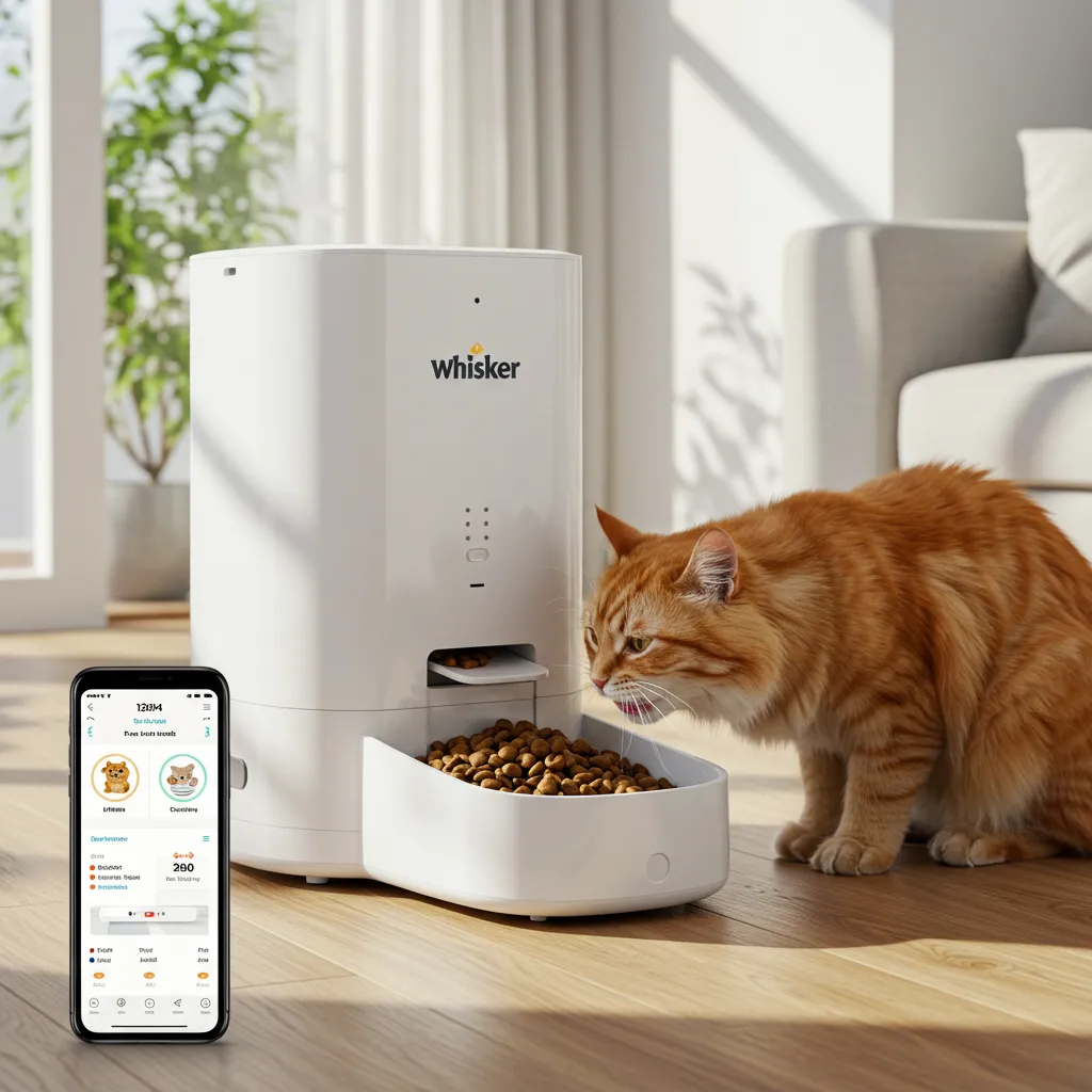 Whisker Feeder-Robot dispensing food with a cat eating and an app interface on a smartphone.