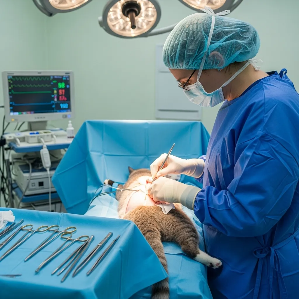 Veterinarian spaying a cat to prevent pyometra.
