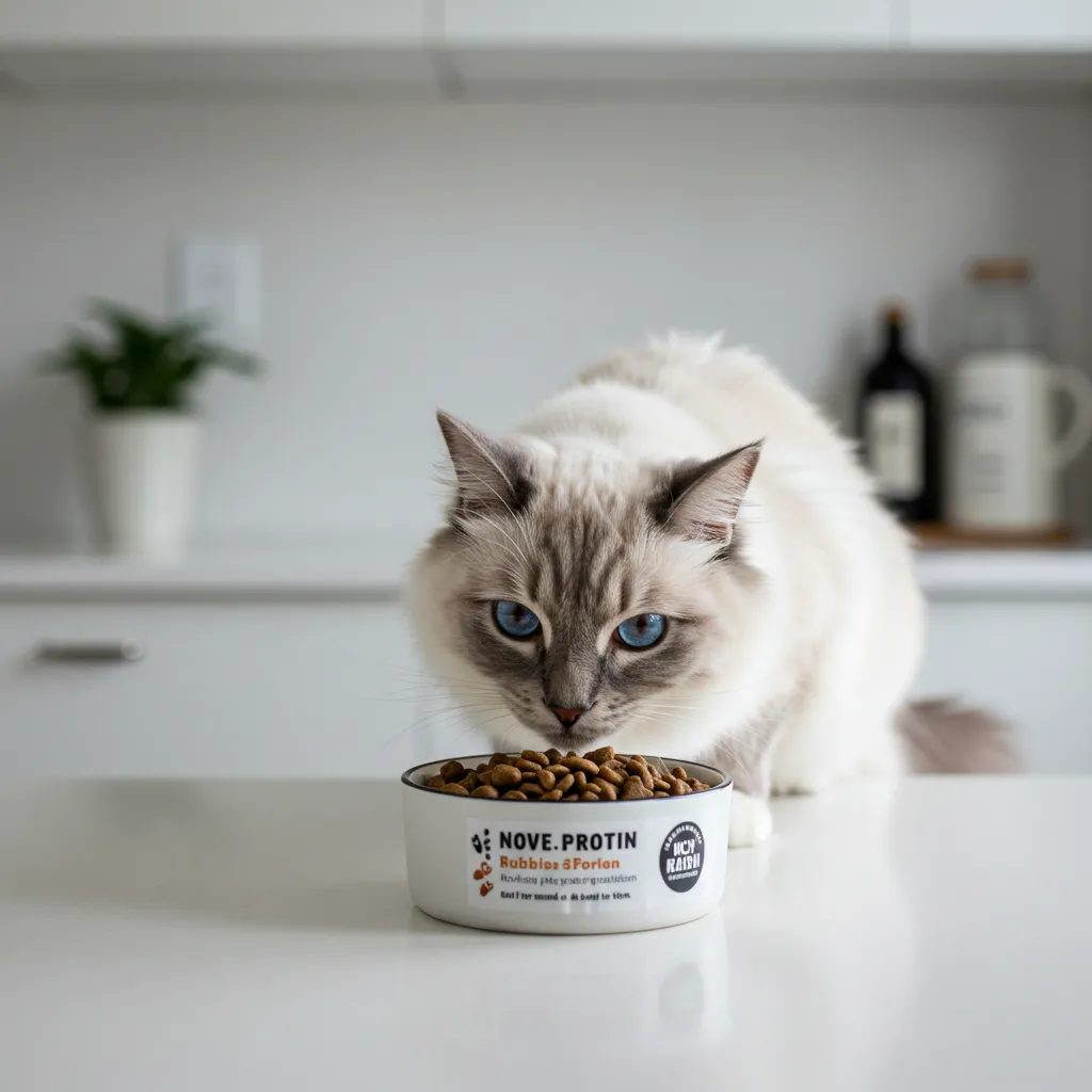 Ragdoll cat inspecting a bowl of hypoallergenic food to avoid allergy triggers.