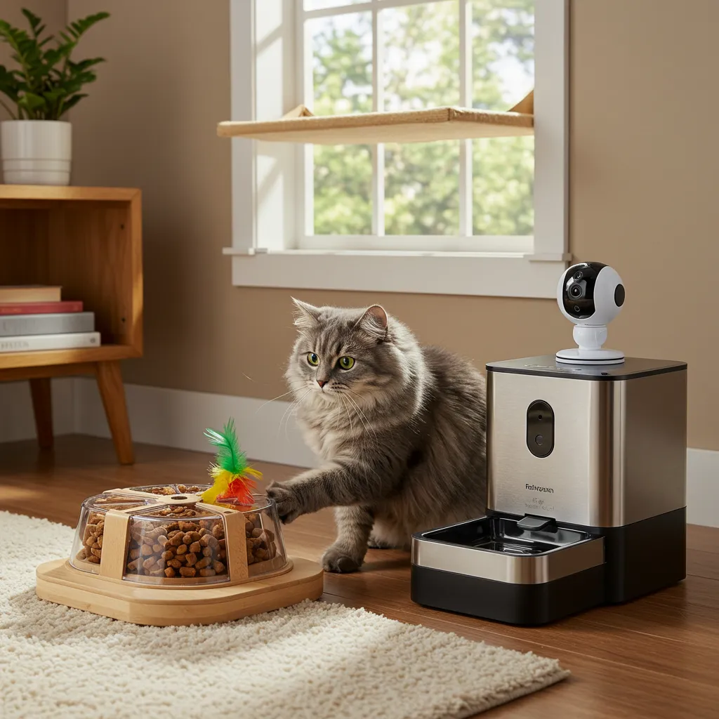 Cat playing with a puzzle toy near an automatic feeder and window perch, monitored by a camera.