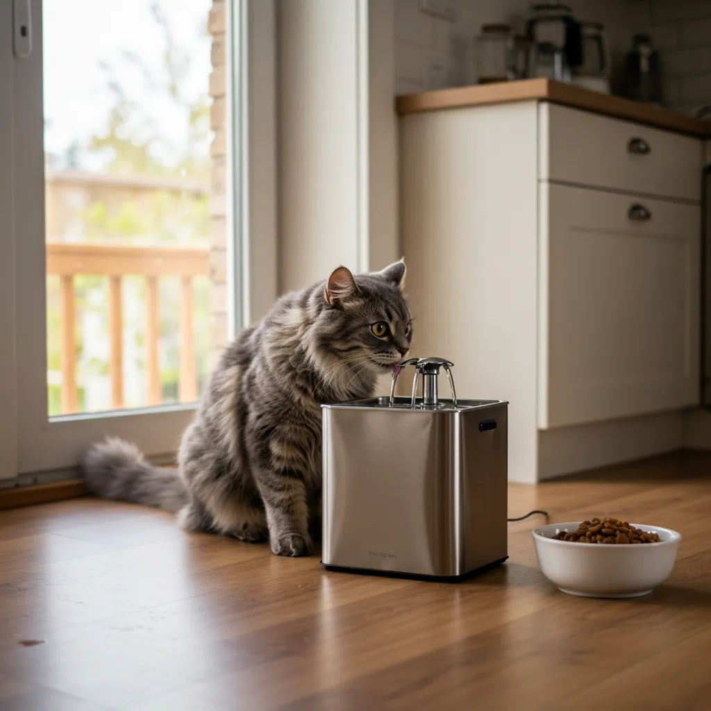 Cat drinking from water fountain next to wet food, supporting hydration to ease cat swallowing issues.