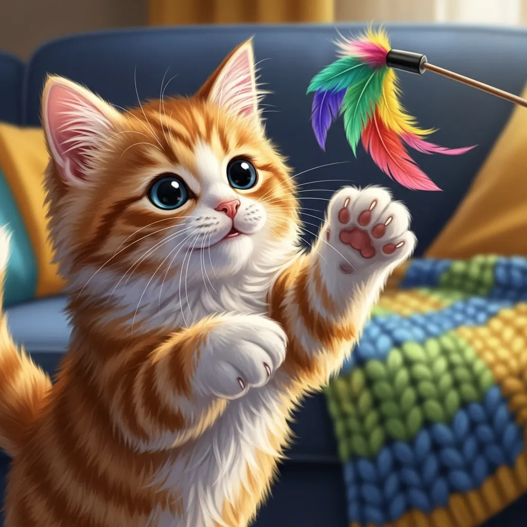 Fluffy kitten with blue eyes pouncing on a feather toy, showcasing early kitten playfulness and maturity in a cozy home setting.