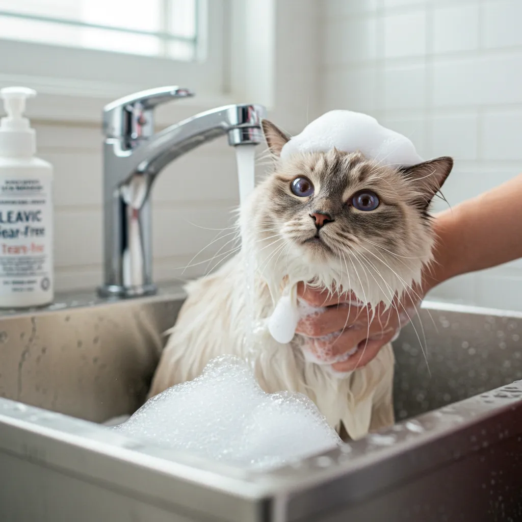  Ragdoll cat during a hypoallergenic bath to reduce allergy-causing dander.