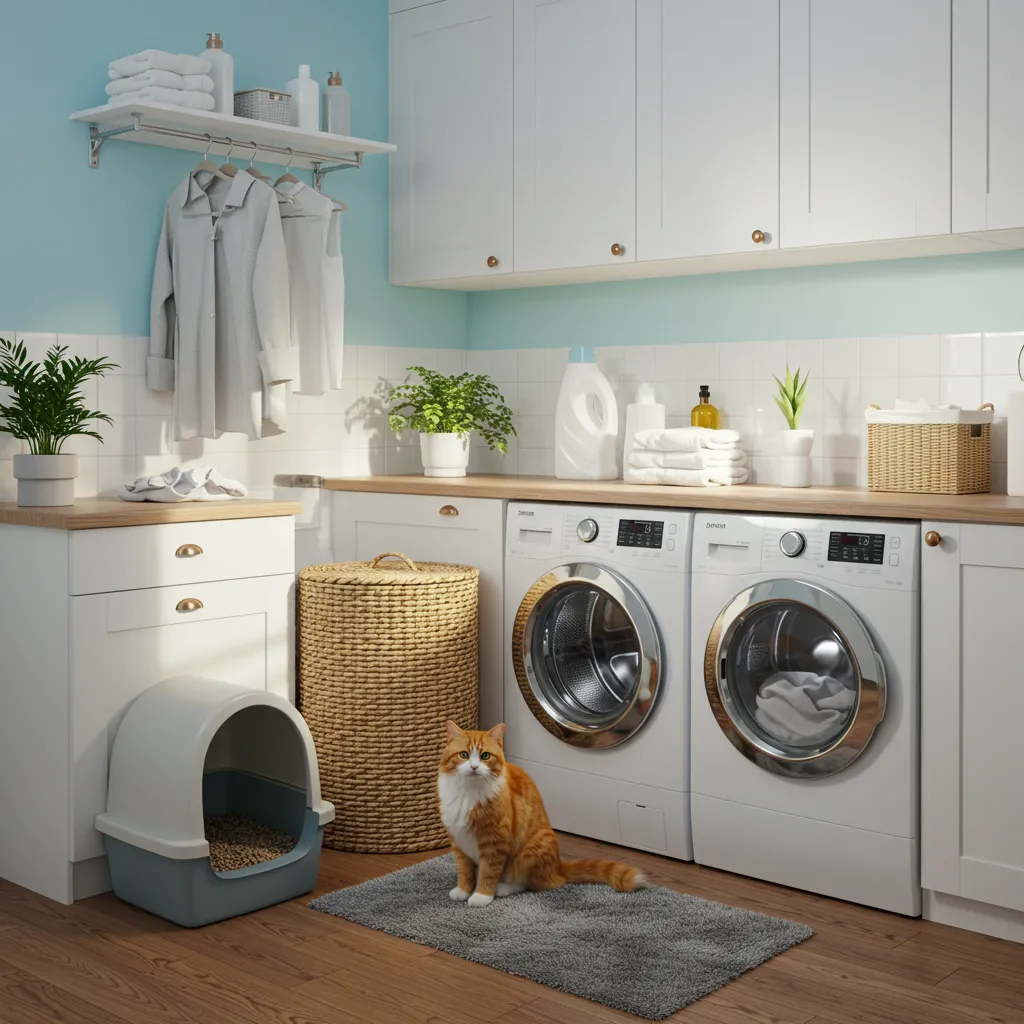 Cozy laundry room with a closed laundry basket and a cat near a clean litter box, illustrating a solution for cat peeing issues.