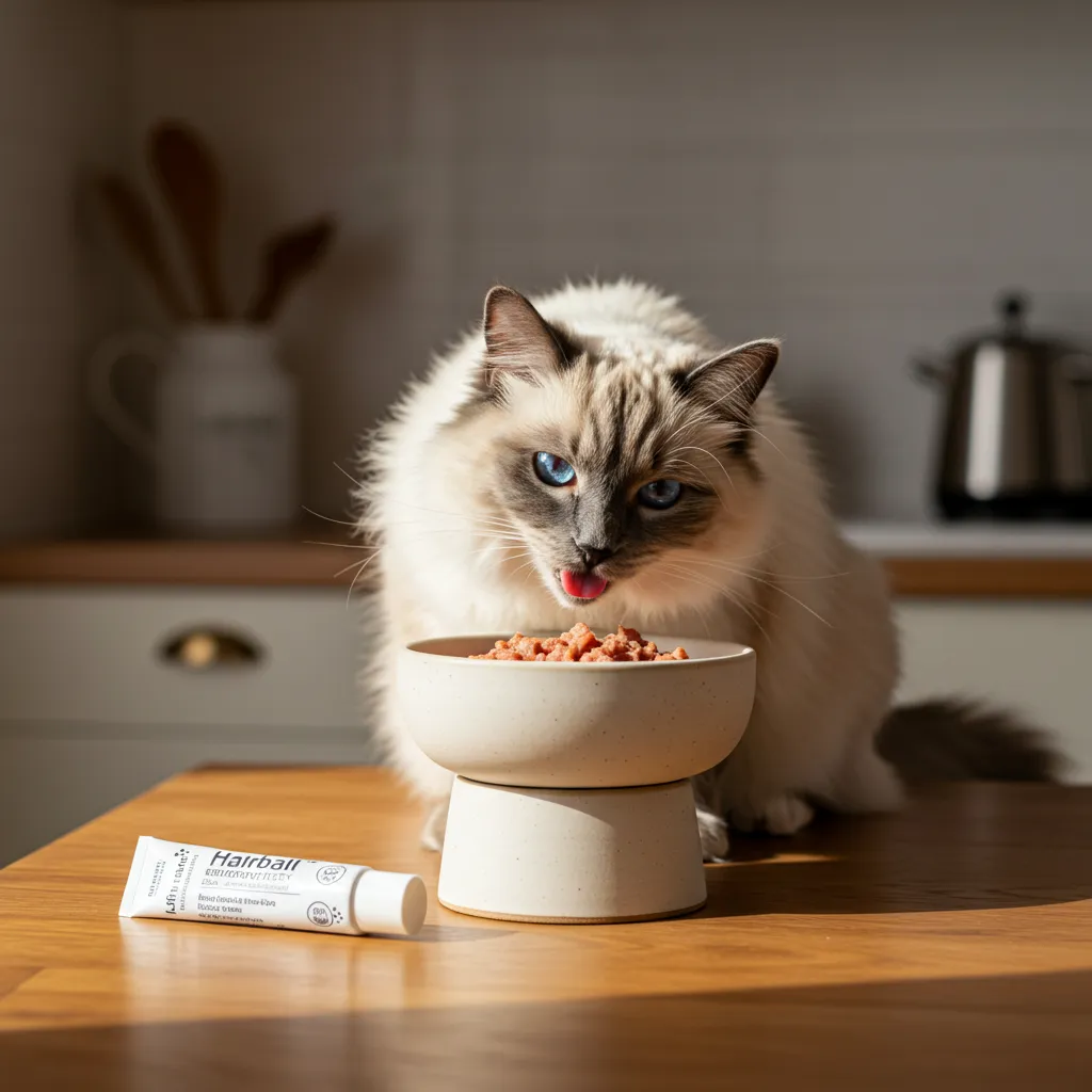 Ragdoll cat eating wet food from elevated bowl, aiding feline swallowing problems with proper diet.