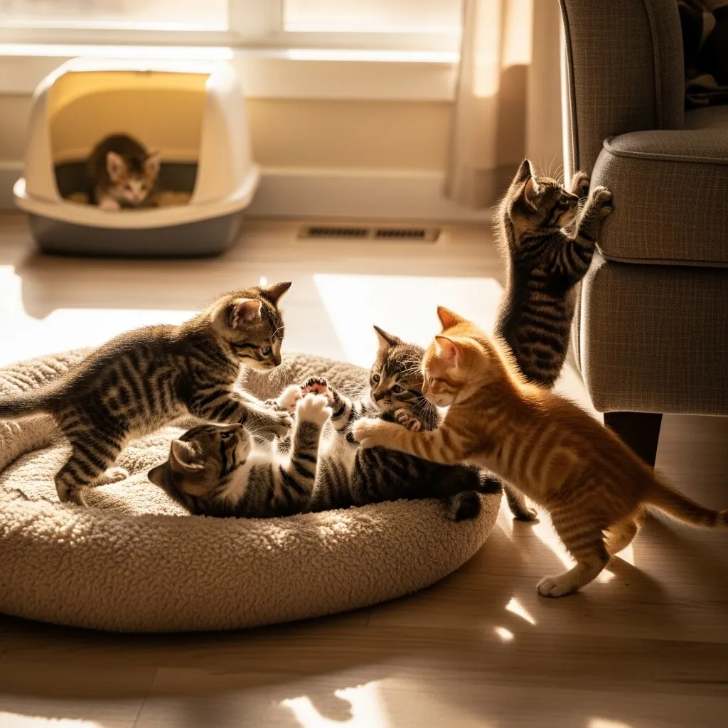  Kittens wrestling and using a litter box at 4 weeks, showing kitten development stages during socialization.