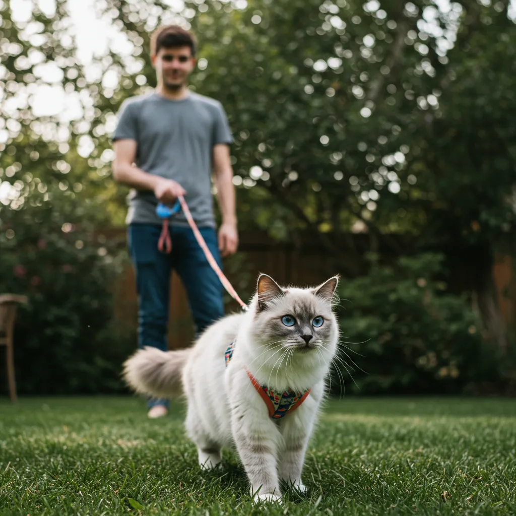 Ragdoll cat in a harness on a leash, safely exploring outdoors to avoid allergens.