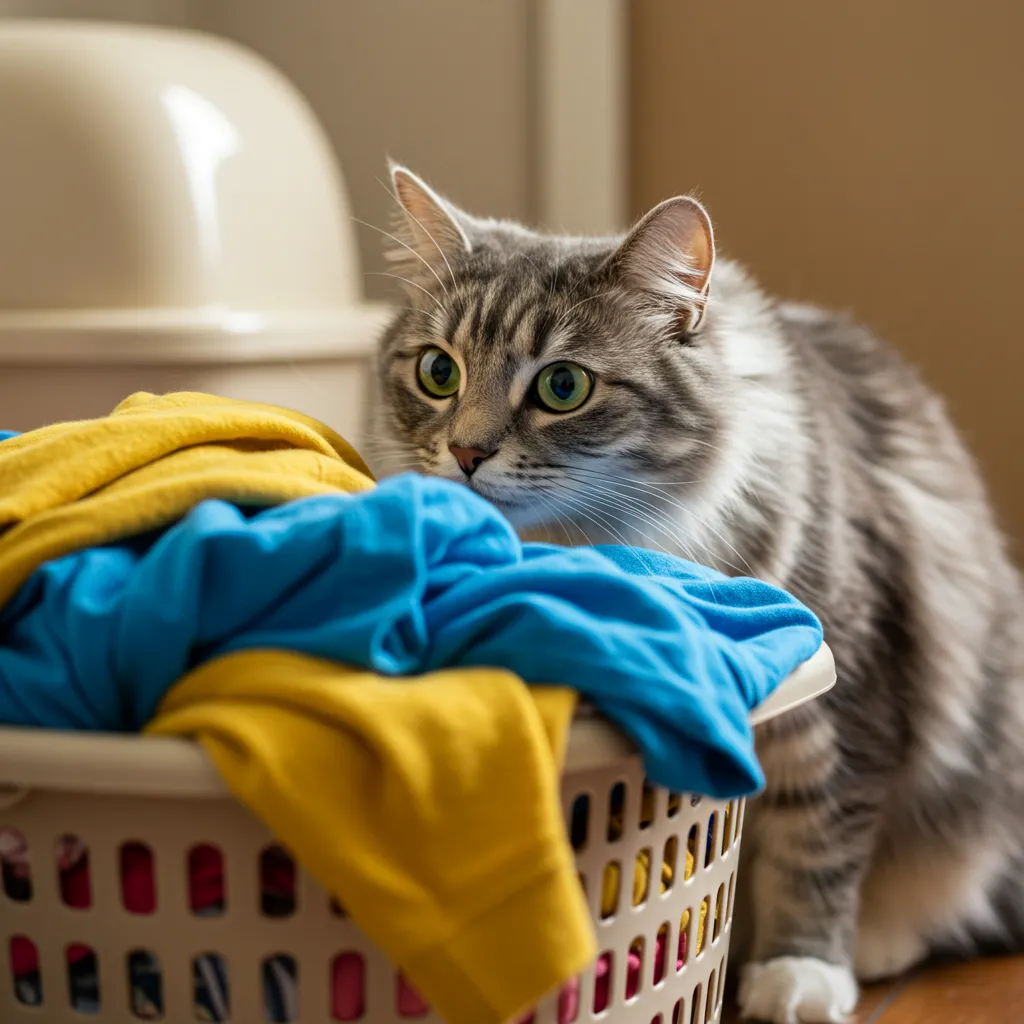 Curious cat sniffing a laundry basket, highlighting why cats pee in laundry baskets due to texture and scent.