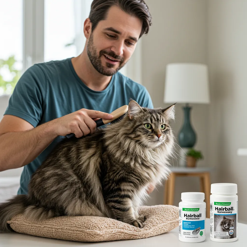 Norwegian Forest Cat being brushed to prevent hairballs, reducing cat gagging and swallowing issues.