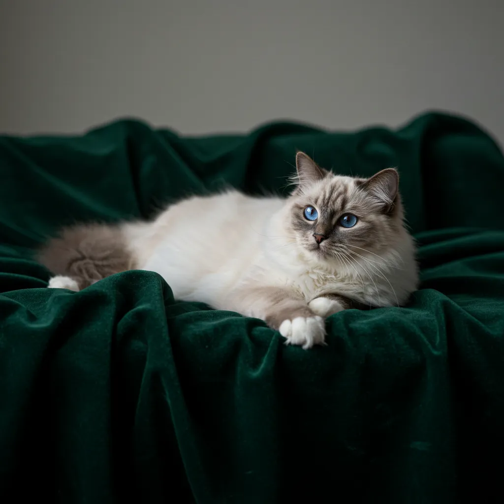 Fluffy Ragdoll cat with blue eyes on a blanket, highlighting the need for proper Ragdoll cat fur care.
