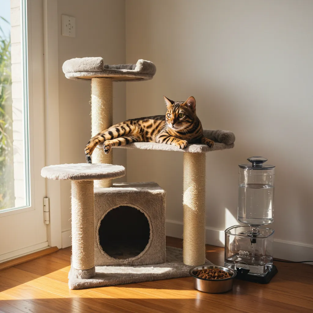 Happy Bengal cat relaxed after resolving swallowing issues, enjoying a stress-free home environment.