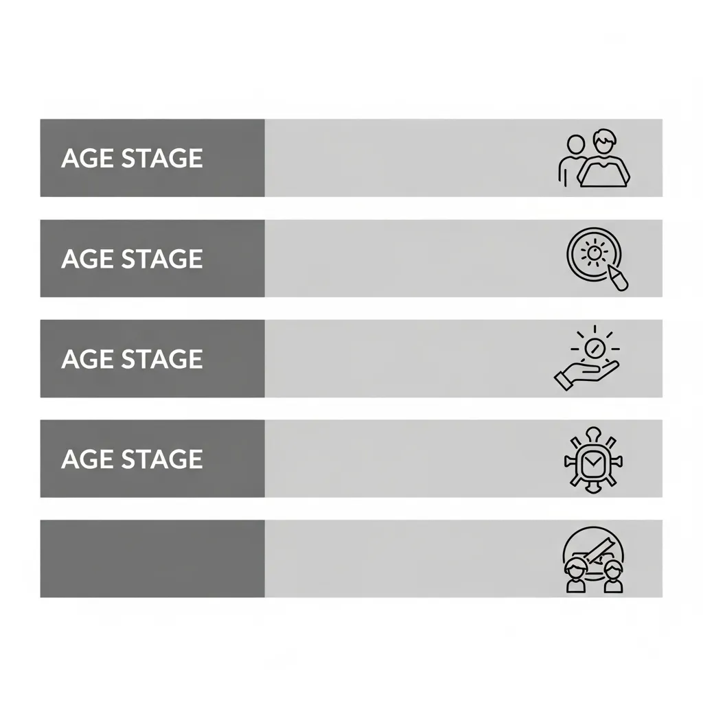 Kitten age chart infographic detailing cat development month by month with icons for neonatal, socialization, juvenile, and adolescent stages.