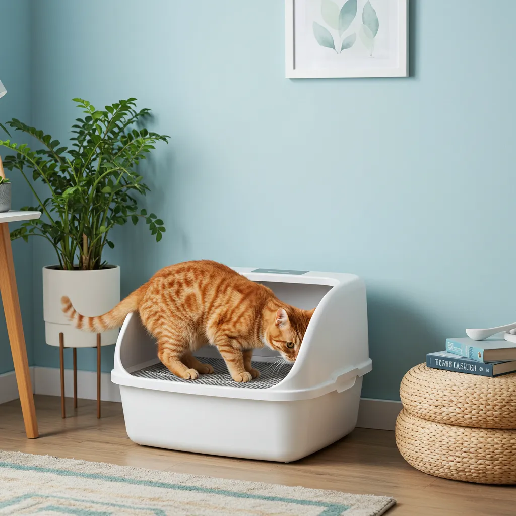 Happy cat using a clean, spacious litter box in a quiet corner, showcasing an ideal litter box setup to prevent laundry basket peeing.