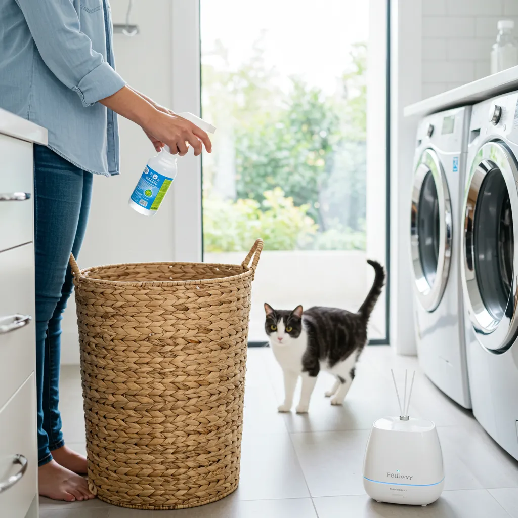 Person using citrus spray to deter cat from laundry basket, with Feliway diffuser, showing how to stop cat peeing in laundry.