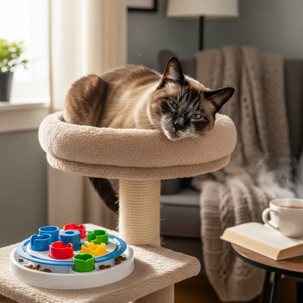Siamese cat on a cat tree with a puzzle feeder, reflecting adolescent cat behavior and calmer kitten playfulness and maturity.