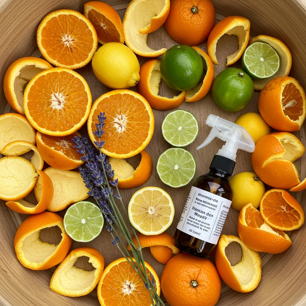 Citrus peels and lavender sprigs around a laundry basket, demonstrating scents to keep cats from peeing.