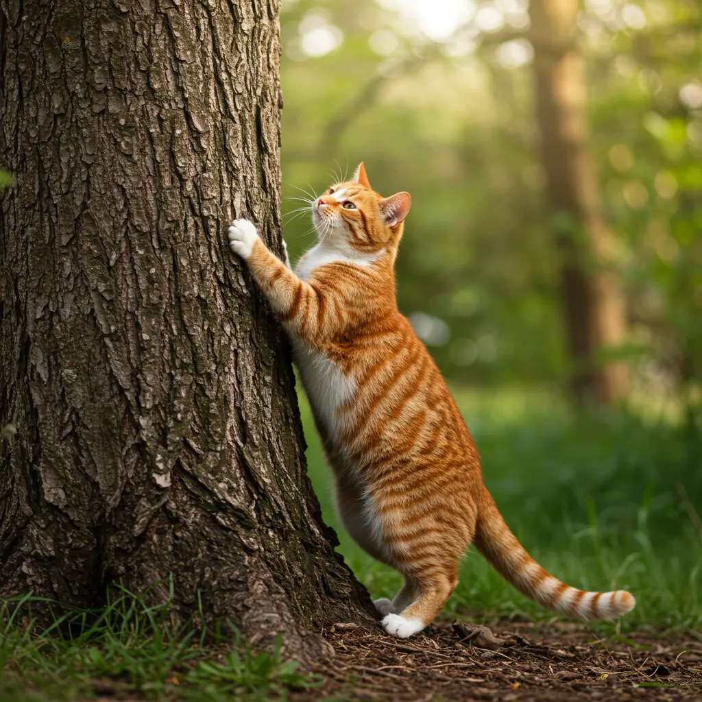 Cat scratching a tree to sharpen claws.