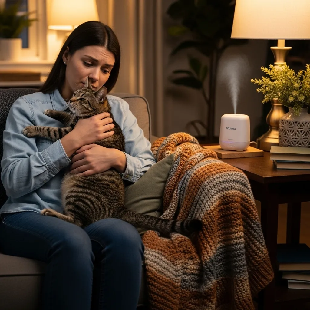 Why Is My Cat Shaking 1 Cat owner comforting a shaking tabby cat in a cozy room, highlighting cat shaking causes and care.