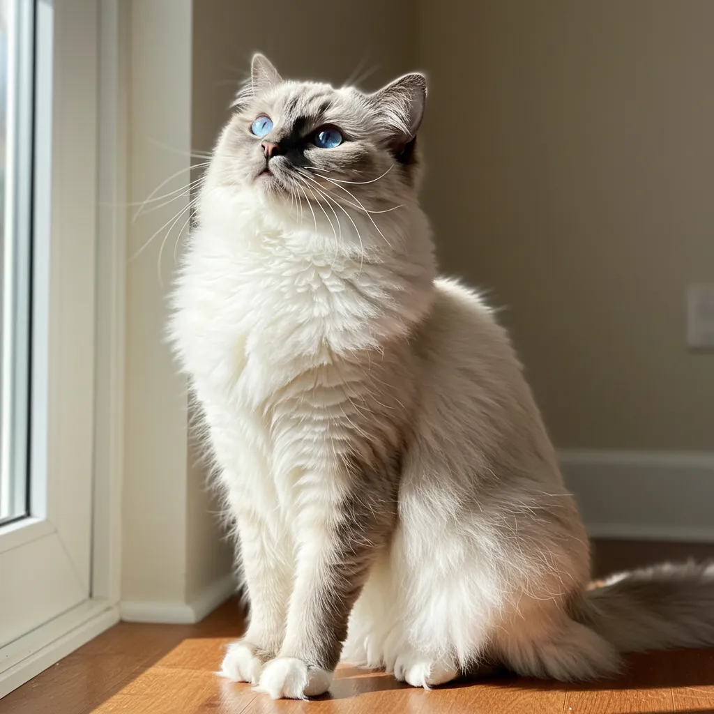 Ragdoll cat with a shiny coat after a bath, perfect for seasonal bathing tips.