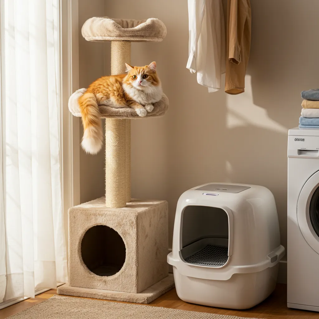Happy cat on a cat tree near a clean litter box, showing a pee-free laundry room after applying expert tips.