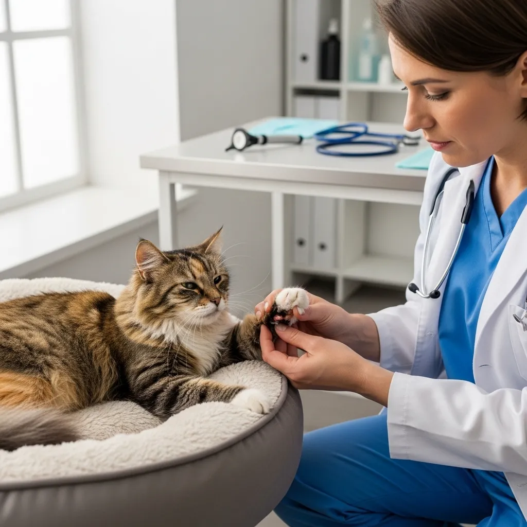 Why Is My Cat Shaking 2 Vet checking a senior cat’s paw on a cozy bed, addressing cat shaking due to pain or injury.