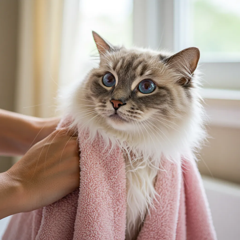  Ragdoll cat in a towel post-bath, demonstrating proper cat drying techniques.