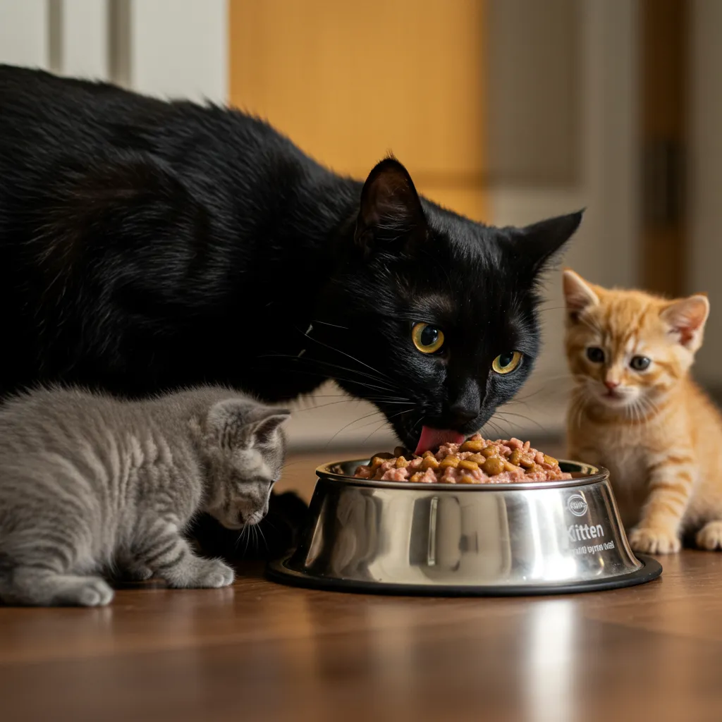  Nursing cat eating high-calorie wet food with kittens nearby.