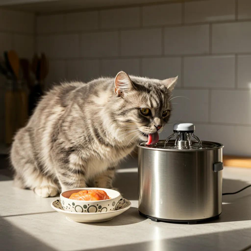 Cat drinking from a fountain to support cat urinary health with wet food for hydration.