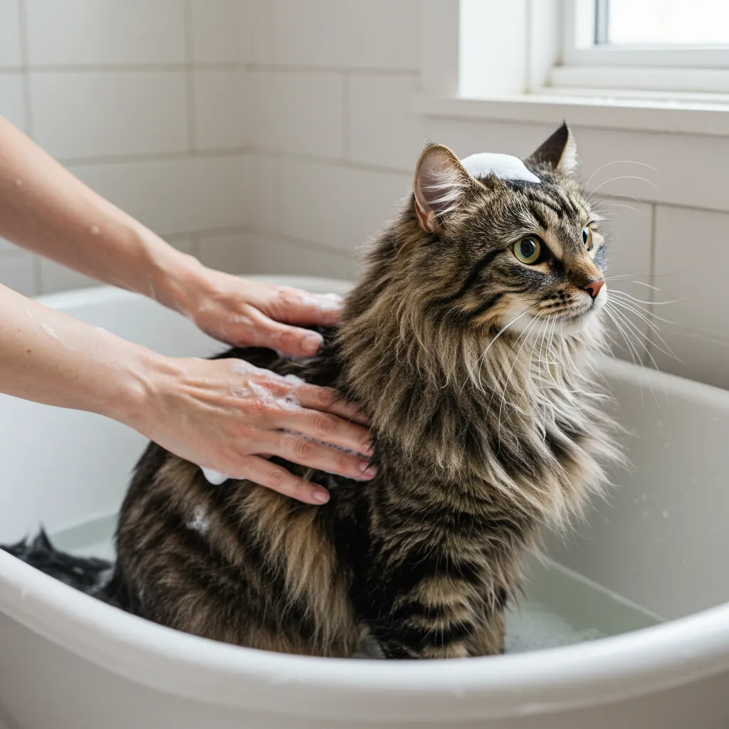 Norwegian Forest Cat during a gentle bath with natural cat shampoo