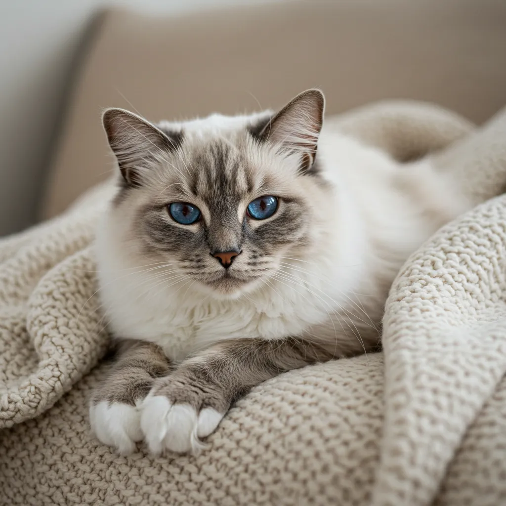 Ragdoll cat with blue eyes lounging comfortably, showcasing its affectionate nature.