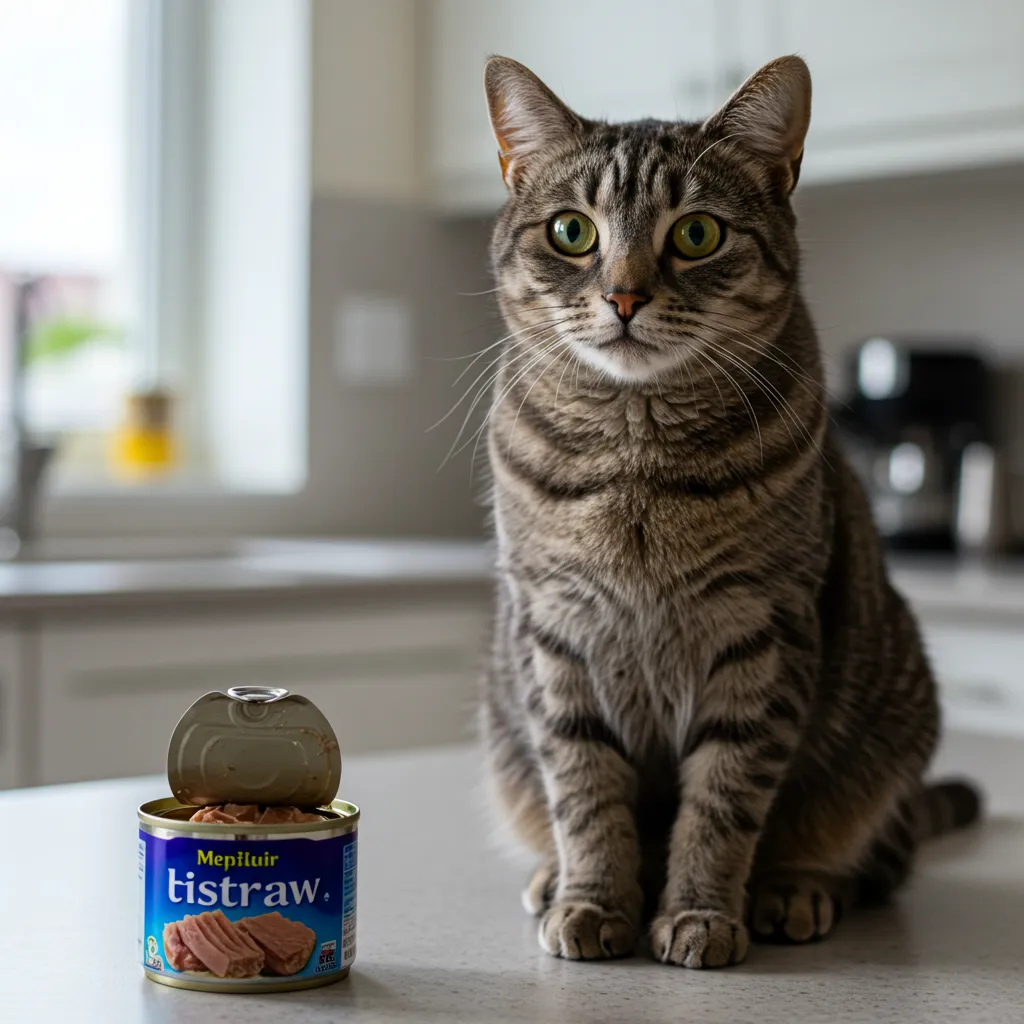 Healthy cat next to a can of tuna on a kitchen counter, often showcasing safe treat curiosity.