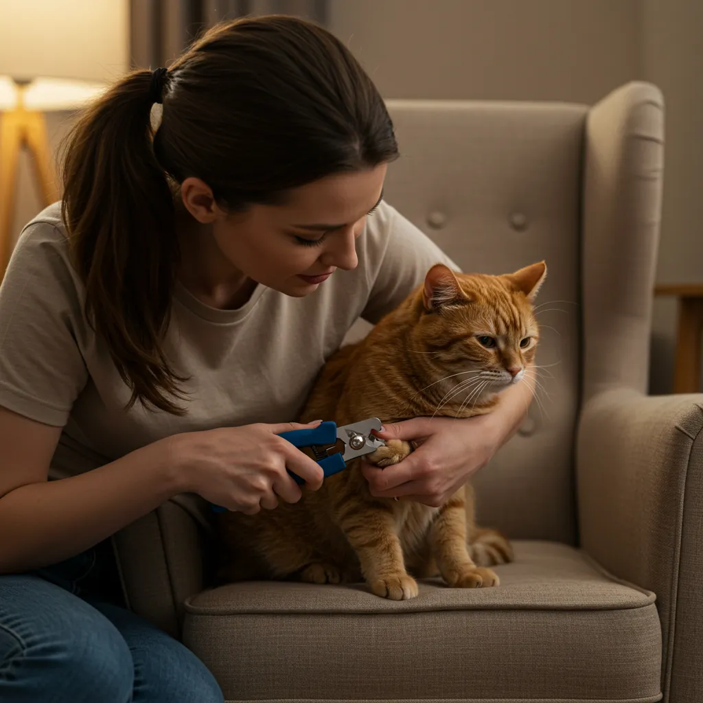 Calm cat getting its claws trimmed at home.