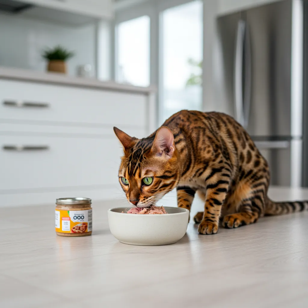 Bengal cat enjoying a balanced meal with a small tuna topping often in a cozy kitchen.