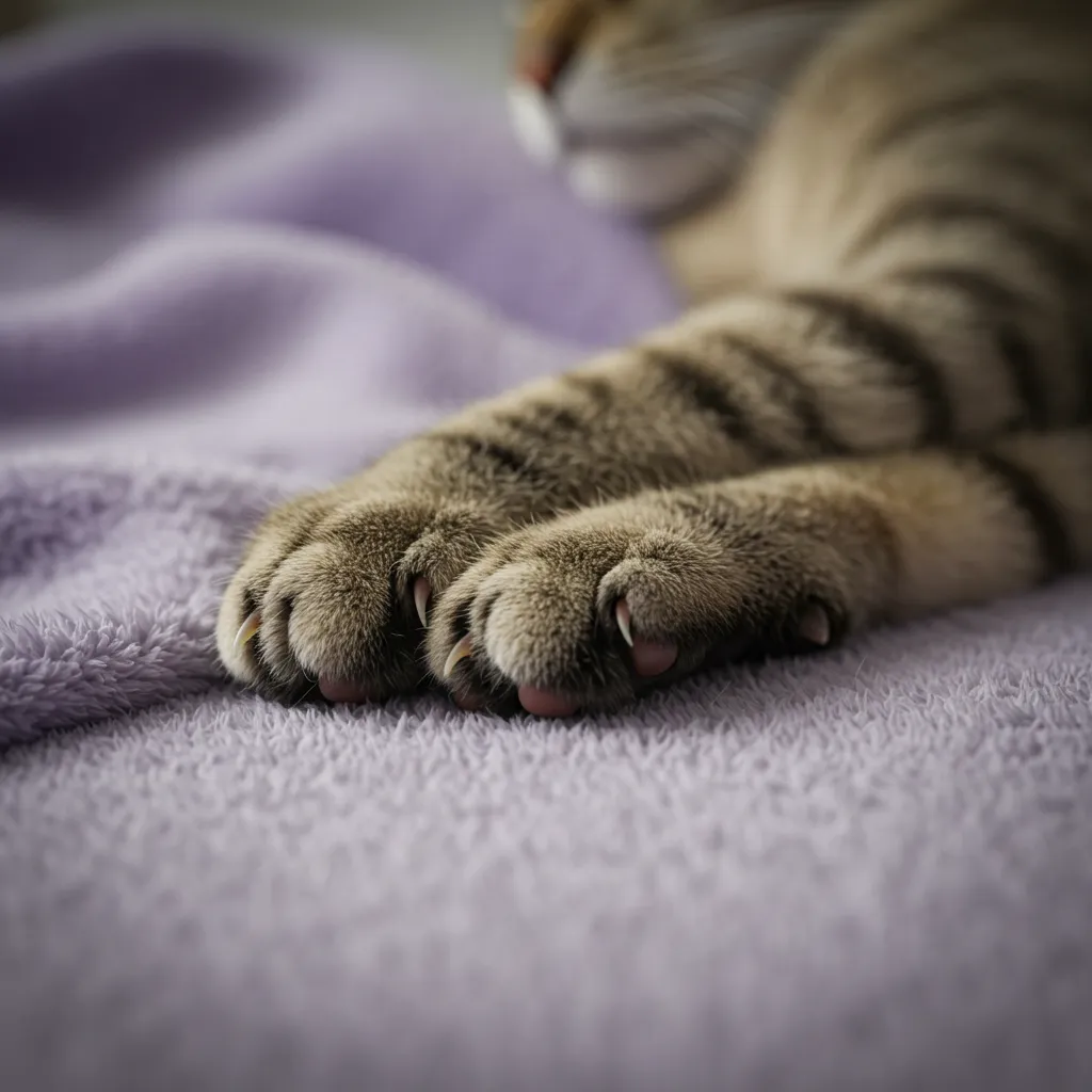 Healthy trimmed cat claws resting on blanket
