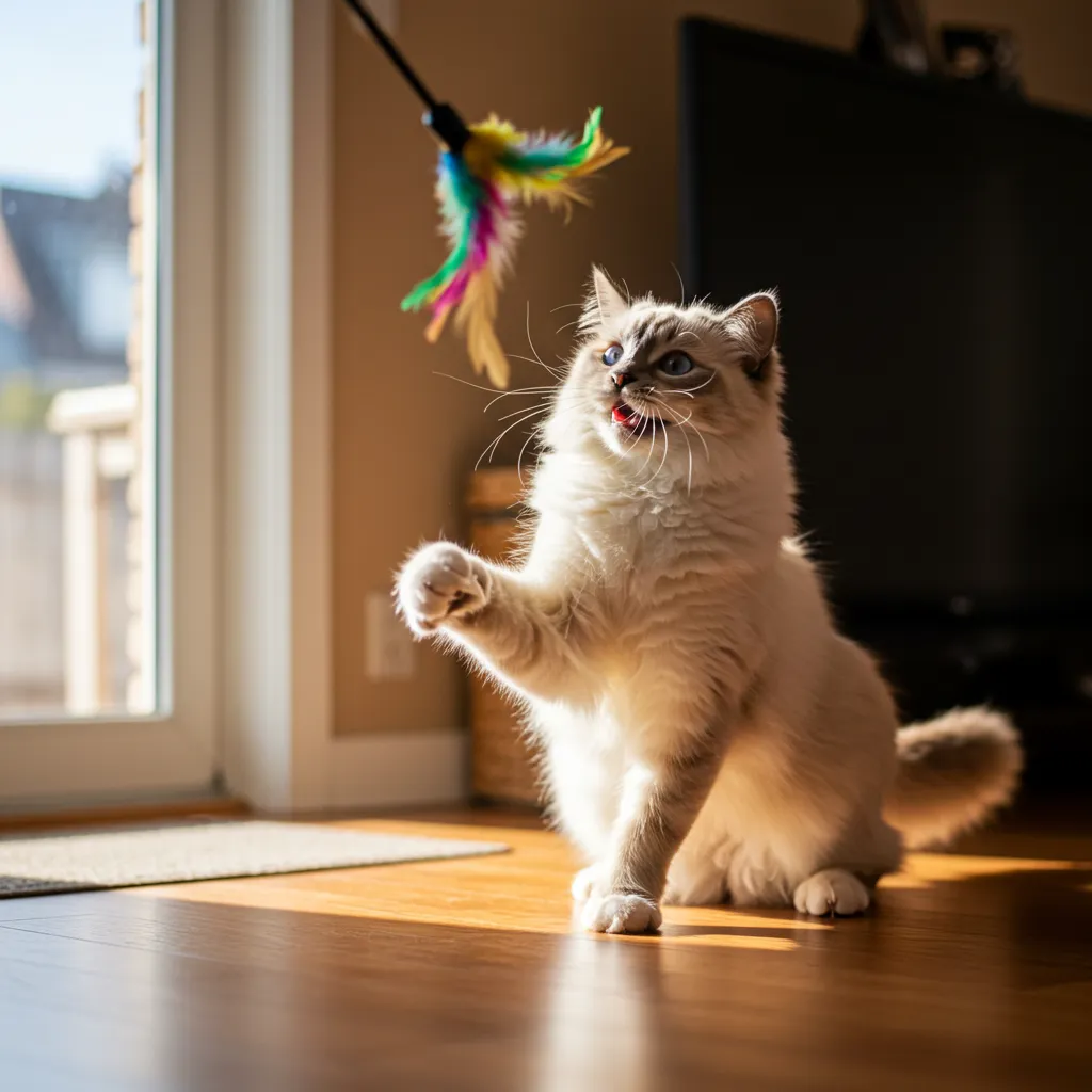 Ragdoll cat engaging in interactive play with a feather toy, highlighting its playful personality.