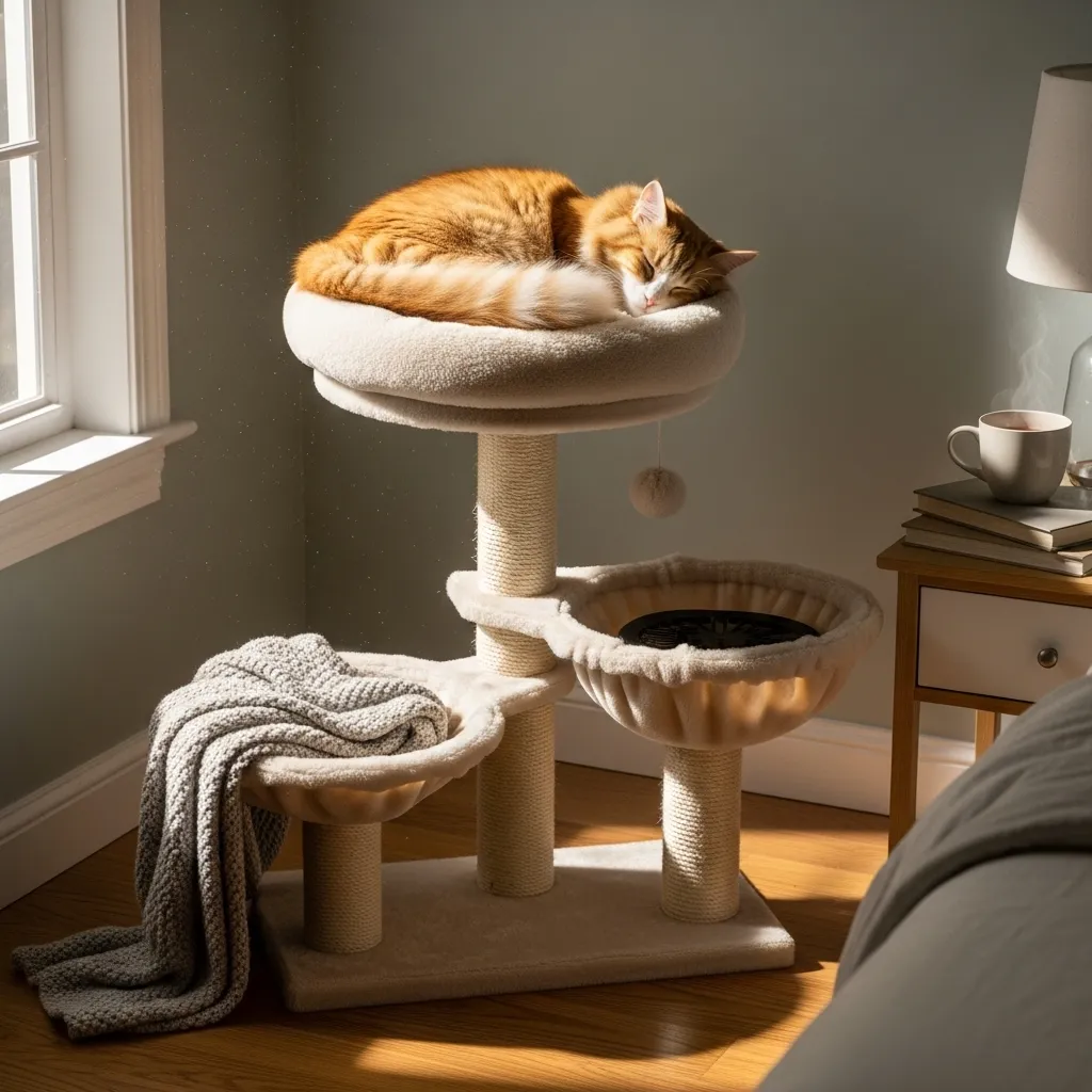 Why Is My Cat Shaking 5 Cat on a cozy tree with heated bed, preventing cat shaking from cold in a calm space.