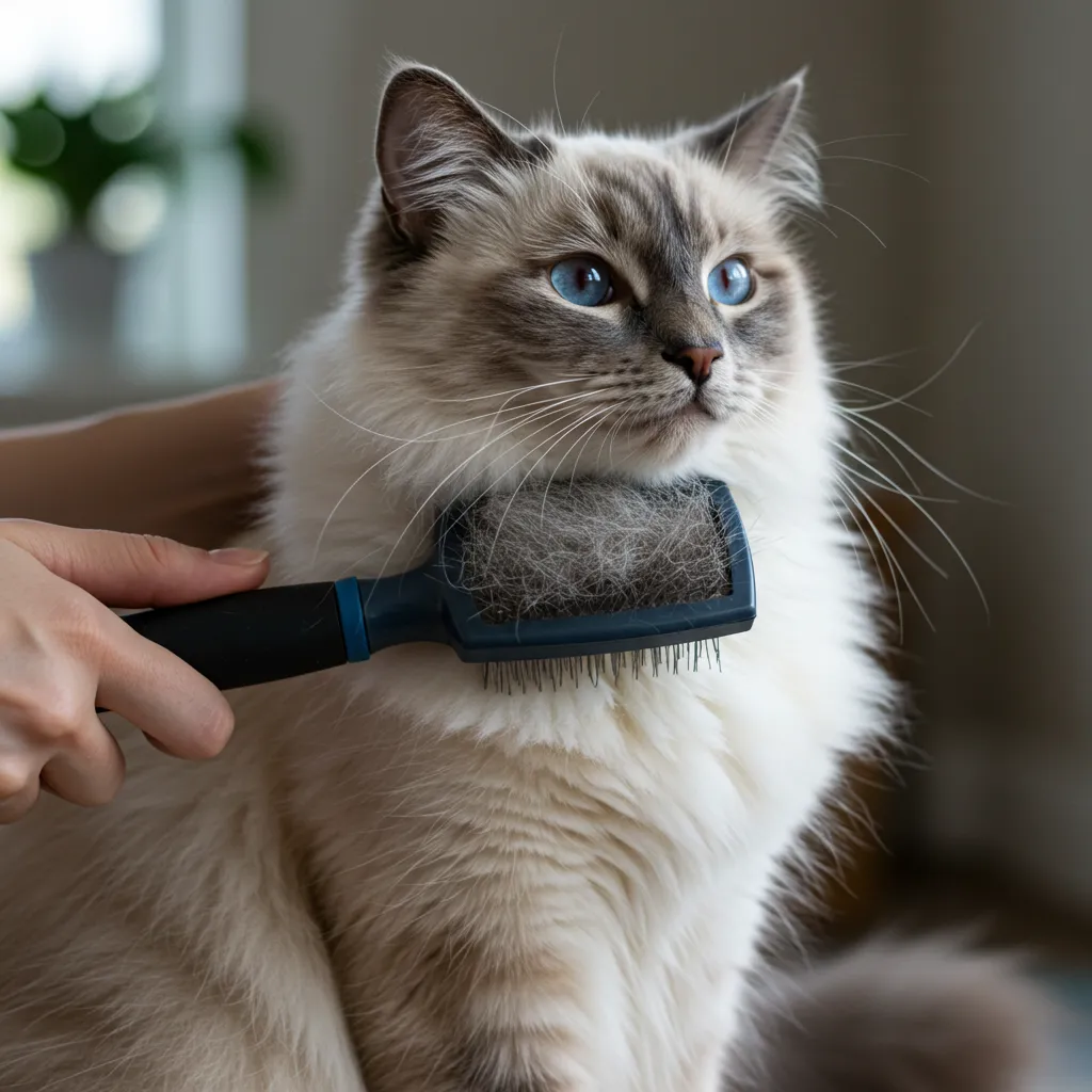  Ragdoll cat enjoying a grooming session with a slicker brush, promoting bonding and care.
