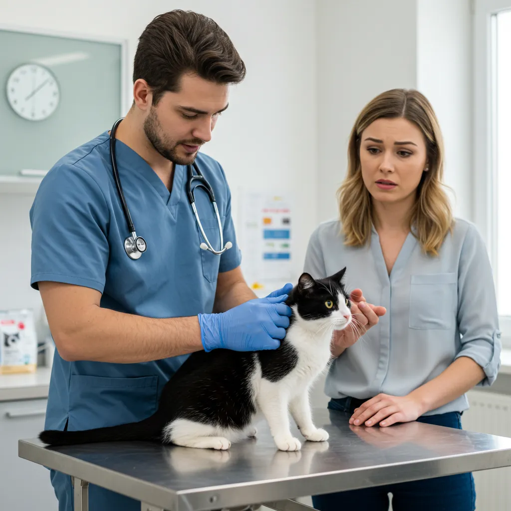 Veterinarian checking a cat for diet-related health issues like mercury or pansteatitis.