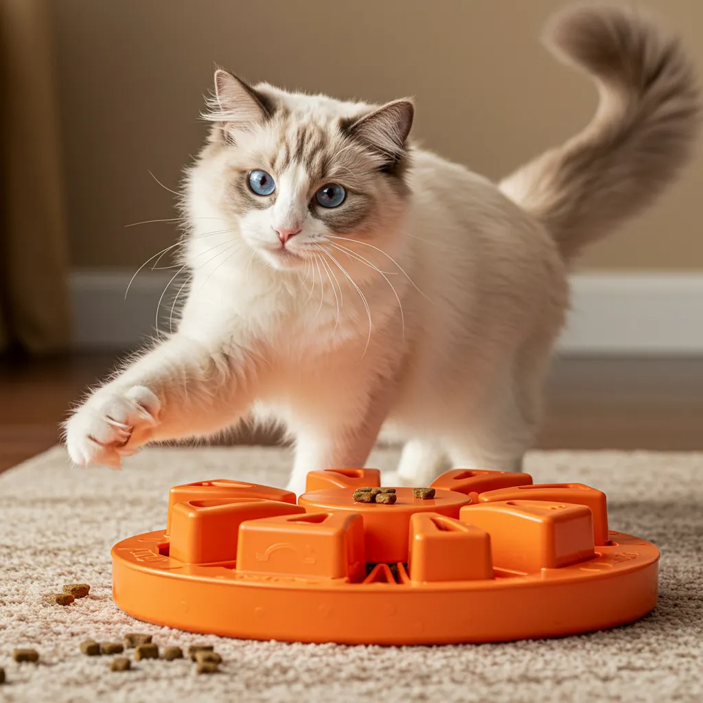 Ragdoll cat playing with a puzzle feeder, enhancing mental stimulation and bonding.