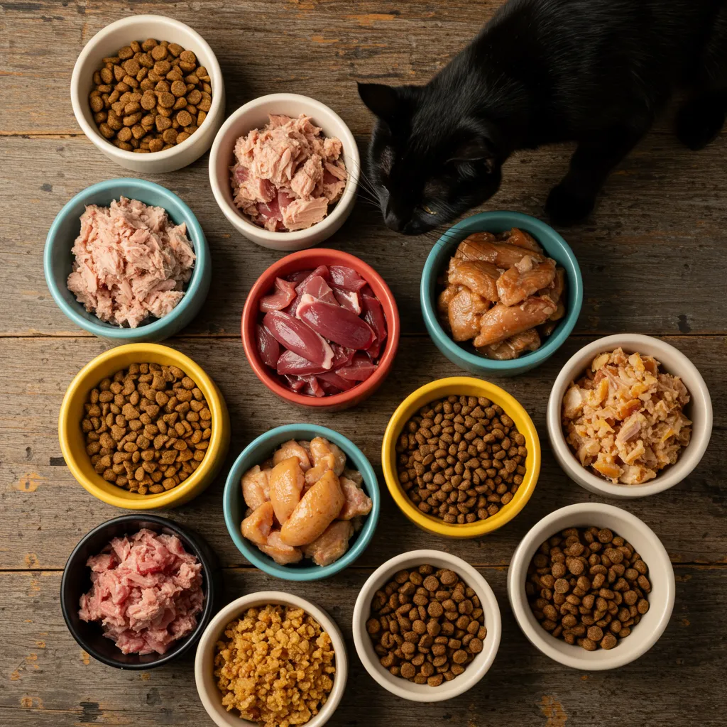 Cat food bowls with diverse proteins like often tuna and often duck, promoting dietary balance.