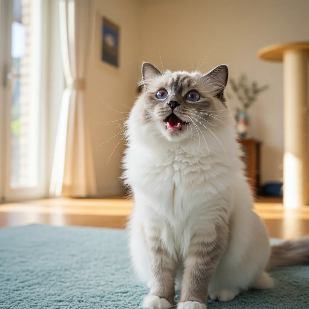 Ragdoll cat chirping softly, showcasing its unique vocal communication.