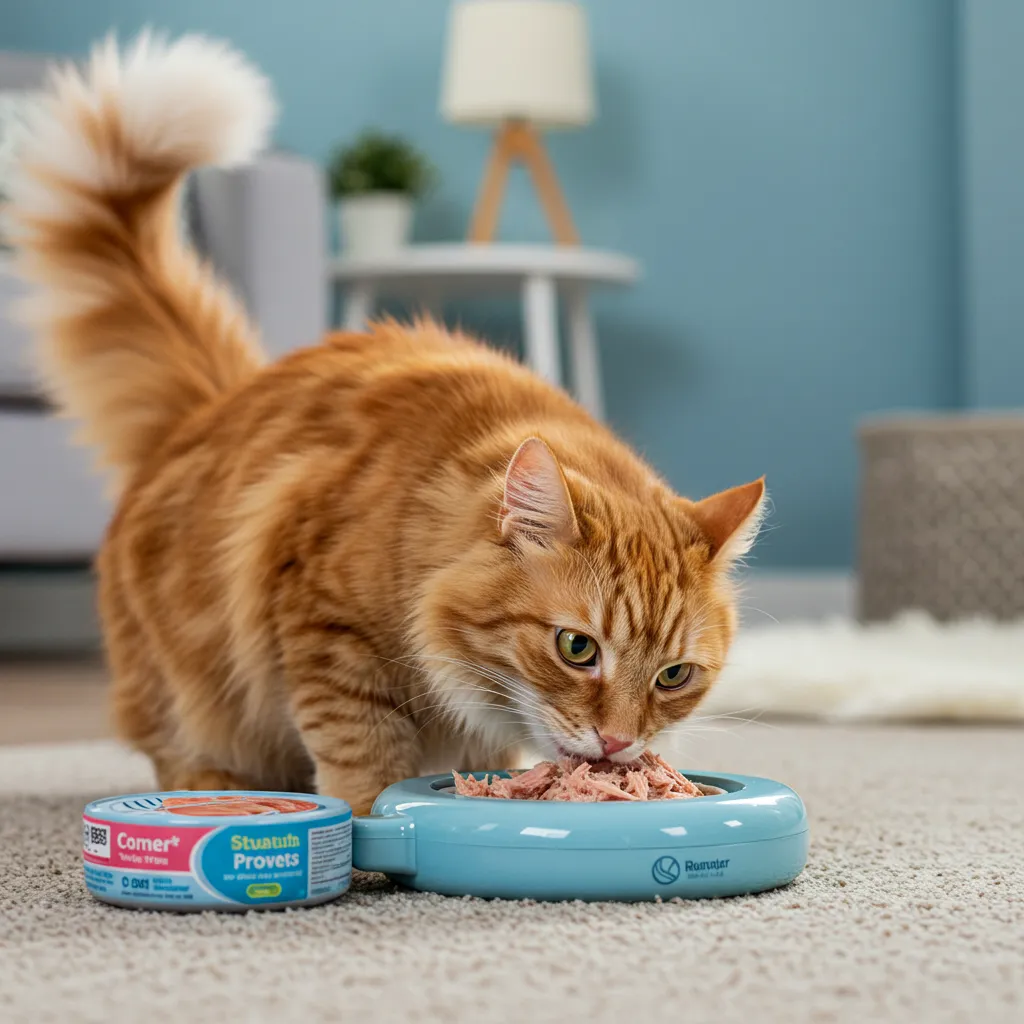 Cat using a puzzle feeder to transition from tuna to new protein food.