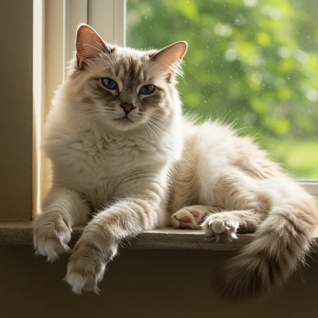 Ragdoll cat resting on a window perch, promoting emotional well-being.