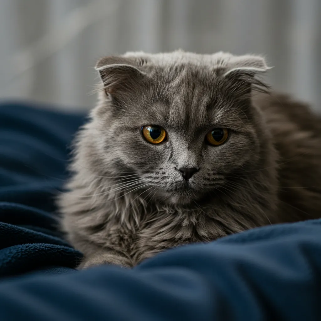 Curious cat with flattened ears showing early signs of aggression on a cozy blanket.