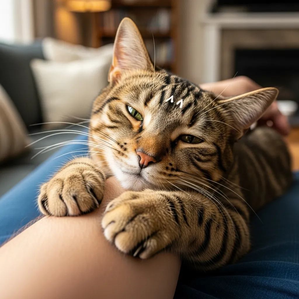 Why Cats Hug and Bite 1 Tabby cat hugging a human arm, illustrating feline love bites and cat hugging meaning.